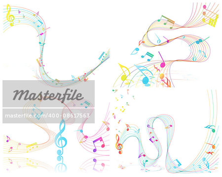 Multicolor Musical Design From Music Staff Elements With Treble Clef And Notes With Copy Space. Elegant Creative Design Isolated on White. Vector Illustration.