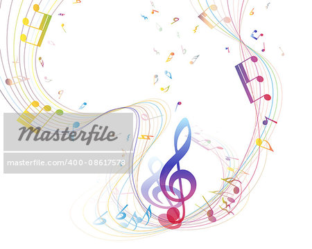 Musical Design Elements From Music Staff With Treble Clef And Notes in gradient transparent Colors. Elegant Creative Design With Shadows and Isolated on White. Vector Illustration.