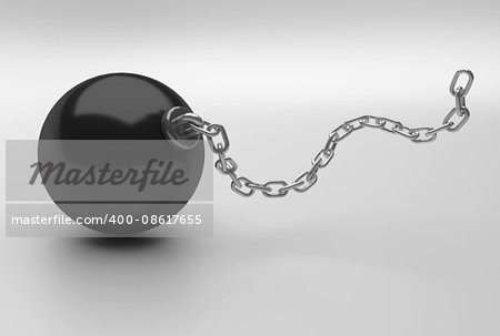 heavy black ball with long iron chain, 3D Rendering