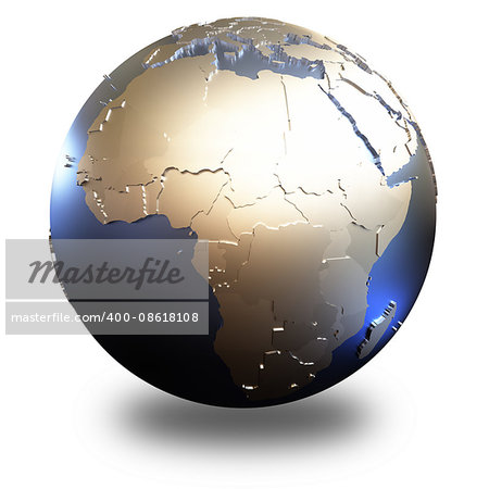 Africa on metallic model of planet Earth with embossed continents and visible country borders. 3D illustration isolated on white background with shadow.