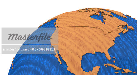 North America on wooden model of planet Earth with embossed continents and visible country borders. 3D rendering.