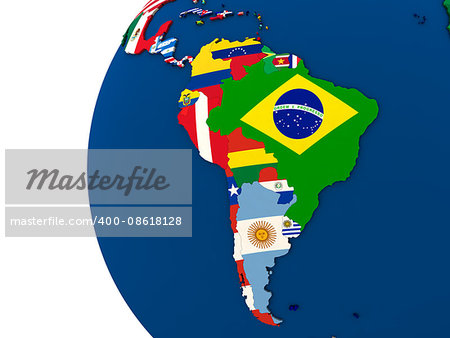 Political map of south America with each country represented by its national flag. 3D Illustration.