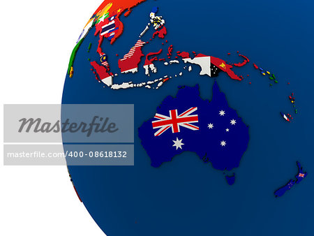 Political map of Australasia with each country represented by its national flag. 3D Illustration.