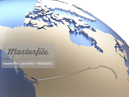 Canada on metallic model of planet Earth with embossed continents and visible country borders. 3D rendering.