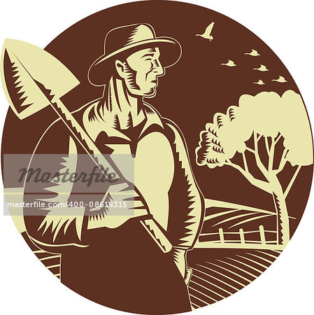 Illustration of an organic farmer holding shovel on shoulder looking to the side set inside circle with farm orchard in the background done in retro woodcut style.