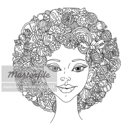 Beautiful fashion woman with abstract hair of candies, sweets and lollypos uncoloured  black and white ornament in adult coloring book style. Could be use  for adult coloring book  in zenart style.