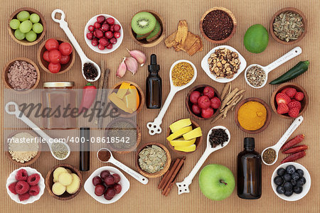 Large food and alternative medicine selection for cold remedy to boost immune system, high in vitamins, antioxidants and minerals