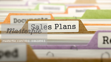 Sales Plans Concept. Colored Document Folders Sorted for Catalog. Closeup View. Selective Focus. 3D Render.