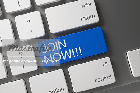 Concept of Join Now, with Join Now on Blue Enter Key on Computer Keyboard. Keypad Join Now on Metallic Keyboard. Blue Join Now Keypad on Keyboard. 3D Render.