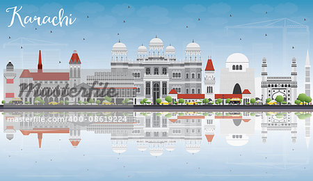 Karachi Skyline with Gray Landmarks, Blue Sky and Reflections. Vector Illustration. Business Travel and Tourism Concept with Historic Buildings. Image for Presentation Banner Placard and Web Site.