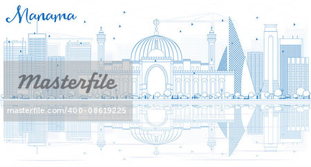 Outline Manama Skyline with Blue Buildings and Reflections. Vector Illustration. Business Travel and Tourism Concept with Modern Buildings. Image for Presentation Banner Placard and Web.