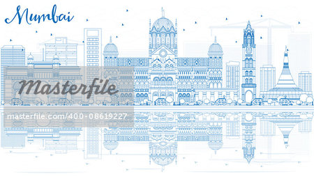 Outline Mumbai Skyline with Blue Landmarks and Reflections. Vector Illustration. Business Travel and Tourism Concept with Historic Buildings. Image for Presentation Banner Placard and Web Site.