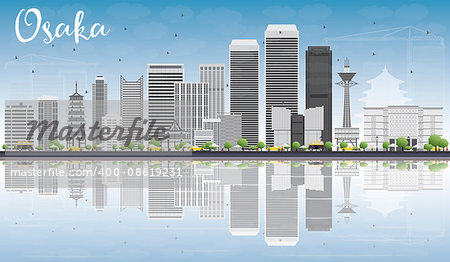 Osaka Skyline with Gray Buildings, Blue Sky and Reflections. Vector Illustration. Business and Tourism Concept with Modern Buildings. Image for Presentation, Banner, Placard or Web Site.