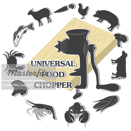 Universal food chopper. Animal, Meat, Seafood . Vector illustration