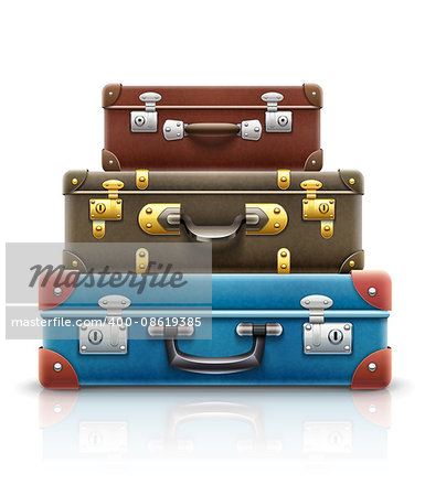 Old retro vintage suitcases bags pile for travel. Eps10 vector illustration. Isolated on white background