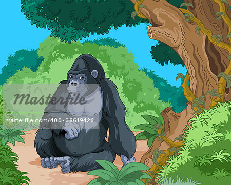 Illustration of sitting gorilla on tropical forest background