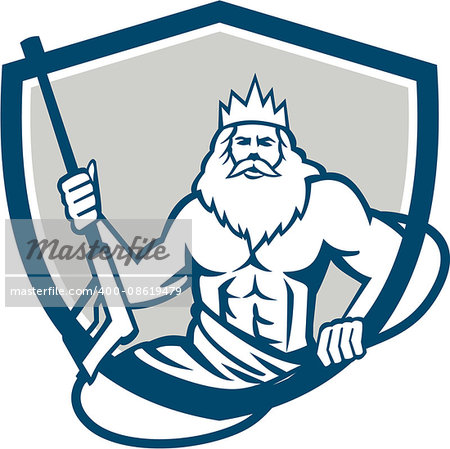 Illustration of a Neptune, roman god of sea holding pressure power washer water blaster viewed from front set inside shield crest on isolated background done in retro style.