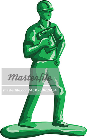 Illustration of a green plastic toy construction worker standing wearing hard hat holding nailgun and other hand on hips viewed from front set on isolated white background done in retro style.