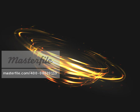 The tornado of light with sparkling lines. Bokeh particles on the swirling circles. Motion element on black background glowing light. Shiny gold color dodge effect. Vector illustration.