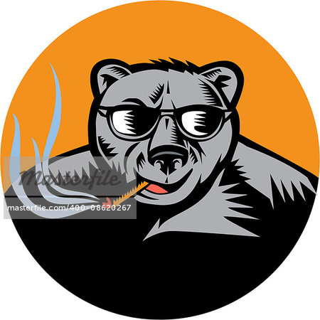 Illustration of a black bear wearing sunglasses smoking cigar viewed from front set inside circle done in retro woodcut style.