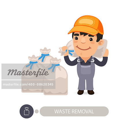 Garbage worker carrying construction rubbish bag. Isolated on white background. Clipping paths included.