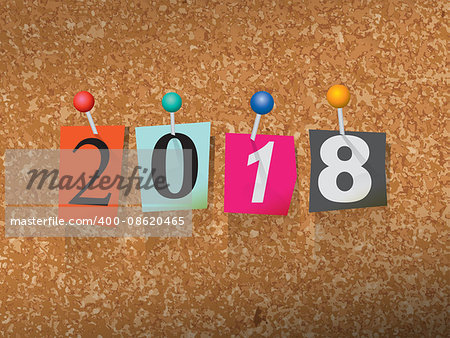 The word "2018" written in cut ransom note style paper letters and pinned to a cork bulletin board. Vector EPS 10 illustration available.