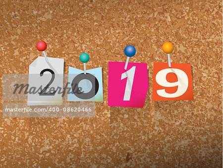 The word "2019" written in cut ransom note style paper letters and pinned to a cork bulletin board. Vector EPS 10 illustration available.