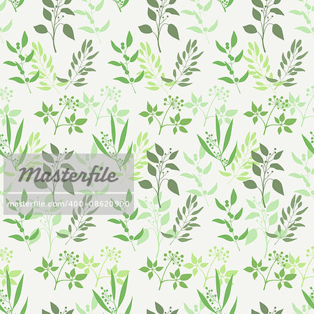 Seamless green plant background. Endless pattern with green twigs and leaves silhouette. Vector illustration