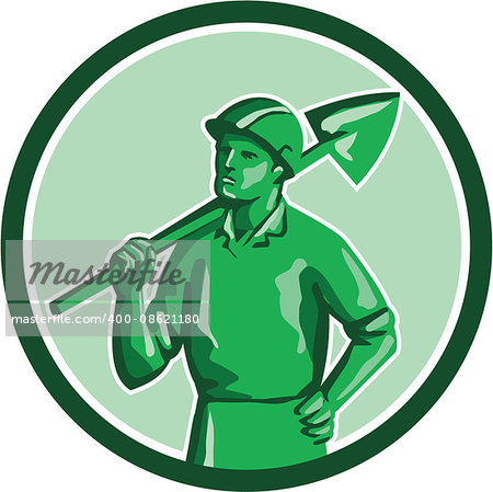 Illustration of a green plastic toy miner standing wearing hard hat holding shovel on shoulder and other hand on hips set inside circle on isolated background done in retro style.