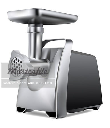 Photorealistic electric meat grinder on white background