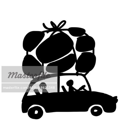 Family traveling by car with luggage, vector illustration