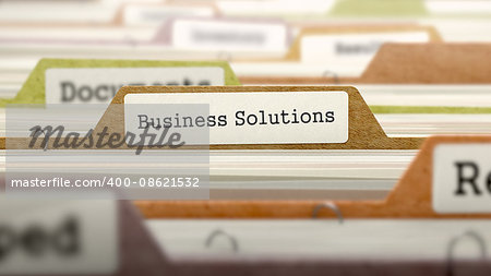 Business Solutions on Business Folder in Multicolor Card Index. Closeup View. Blurred Image. 3D Render.