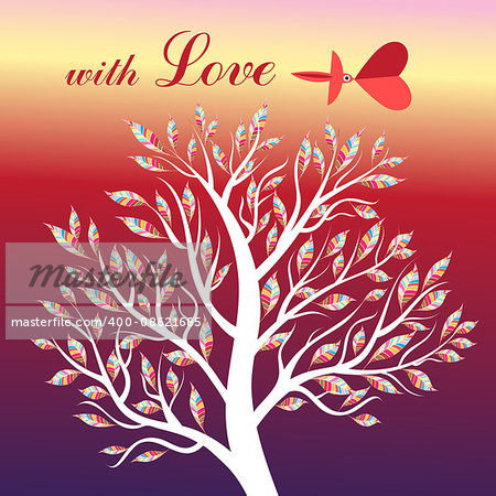 Card with tree and bird in love on a bright background