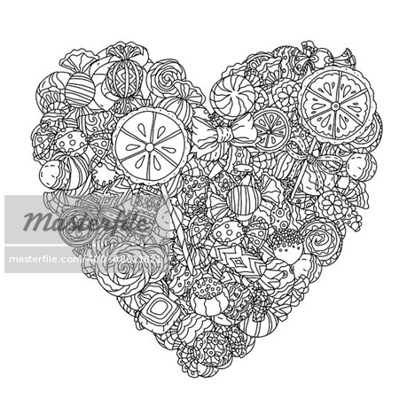 Heart shape of sweets and lollypos. Artistically drawn, stylized. uncoloured  black and white ornament in adult coloring book style. Could be use  for adult coloring book  in zenart style.