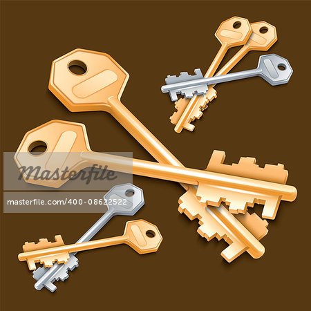 Set of keys on brown background. Vector illustration.