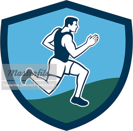 Illustrations of male marathon triathlete runner running viewed from the side set inside circle on isolated background done in retro style.