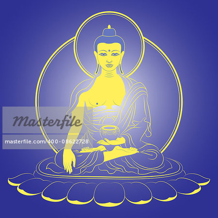 Sitting Buddha Shakyamuni. Vector illustration over the dark blue background.