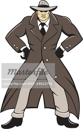 Illustration of a detective wearing trenchcoat and hat with hands akimbo viewed from front set on isolated white background done in cartoon style.