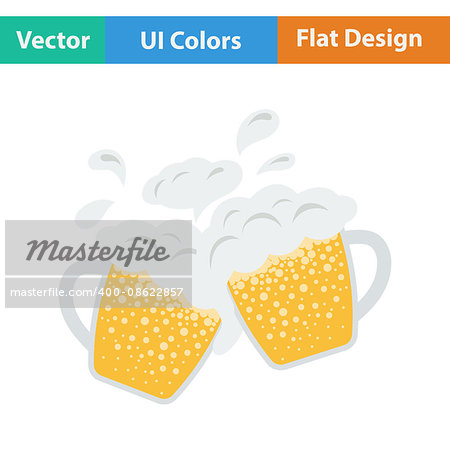 Two clinking beer mugs with fly off foam icon. Flat design in ui colors. Vector illustration.