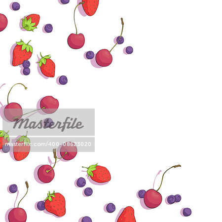 cherries, blueberries and strawberries on white background