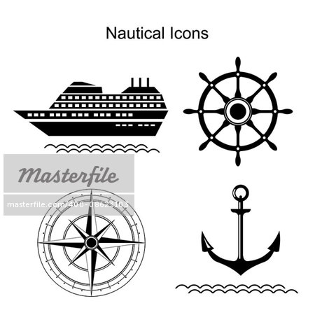Nautical symbols. Ship, anchors and steering wheel, wind rose icons. Vector illustration