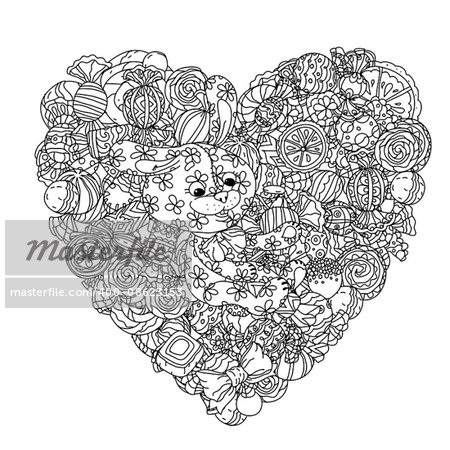 uncolored teddy leverets on heart shape background by sweets in coloring book style. Hand-drawn, doodle, vector the best for your design, cards, coloring book. Black and white for adult colored book.