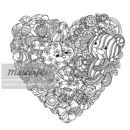 uncolored teddy bear and leverets on heart shape background by sweets in coloring book style. Hand-drawn, doodle, vector or design, cards, coloring book. Black and white for adult colored book.