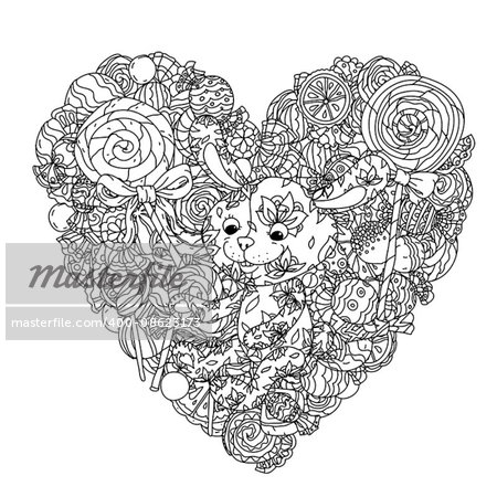 uncolored toy  and sweets in coloring book style. Hand-drawn, doodle, vector the best for your design, t-shirt, cards, coloring book. Black and white for adult colored book.