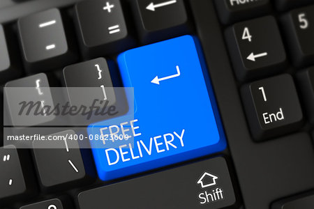 Free Delivery Button. Free Delivery Keypad on Black Keyboard. PC Keyboard with Hot Key for Free Delivery. A Keyboard with Blue Button - Free Delivery. 3D Illustration.