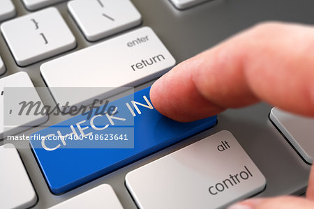 Business Concept - Male Finger Pointing Check In Key on Modernized Keyboard. Hand Touching Check In Keypad. Hand Pushing Check In Blue Aluminum Keyboard Key. Check In Concept. 3D Render.