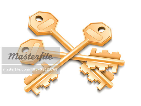 Three golden keys isolated on white background. Vector illustration.