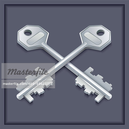 Two metal keys on gray background. Vector illustration.