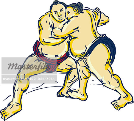 Drawing sketch style illustration of a Japanese sumo wrestlers wrestling facing front set on isolated white background.