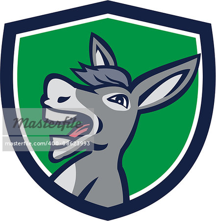 Illustration of a donkey head shouting viewed from the side set inside shield crest on isolated background done in retro style.